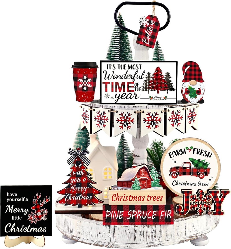 FINDRICH 20 Pcs Christmas Tiered Tray Decor - Christmas Decorations Indoor Table Centerpieces Red and Black Buffalo Plaid Tray Decor with Snowflake, Xmas Tree, Gnome Wooden Signs for Home Shelf Decor - Image 1
